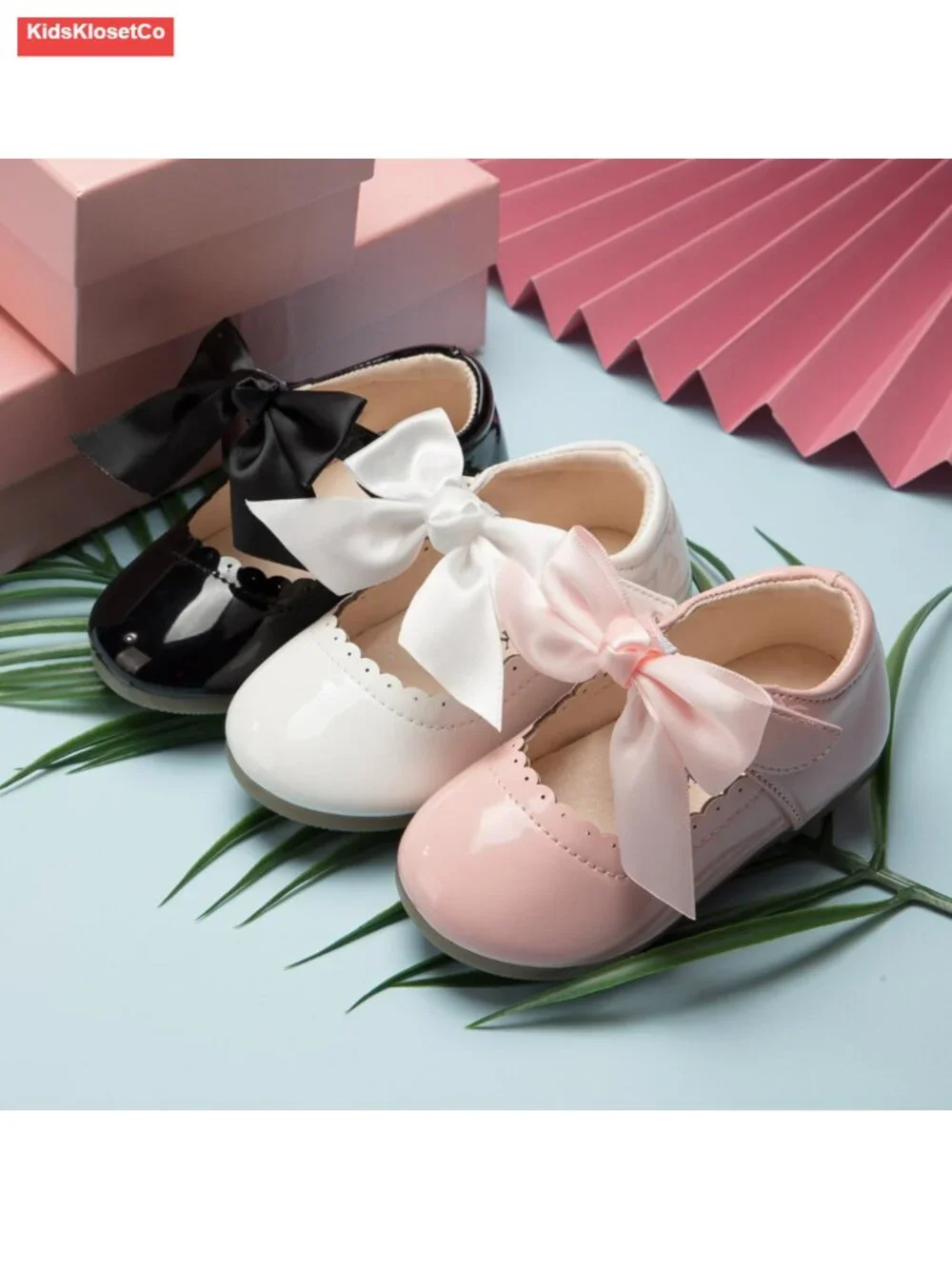 Faux Leather Mary Jane Flats with Bow, Adjustable Hook & Loop, Non-Slip Sole